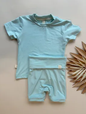 0/3m, 3/6m | Fold Over Shorties and Short Sleeve Tee Set | Caribbean Blue | Luxury Bamboo 0/3m, 3/6m | Fold Over Shorties and Short Sleeve Tee Set | Caribbean Blue | Luxury Bamboo