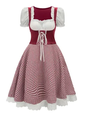 1950s Oktoberfest Puff Sleeves Gingham Plaid Dress 1950s Oktoberfest Puff Sleeves Gingham Plaid Dress