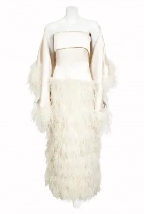 1960's Arnold Scaasi Couture Ivory Satin Feather Strapless Gown w/ Shawl 1960's Arnold Scaasi Couture Ivory Satin Feather Strapless Gown w/ Shawl