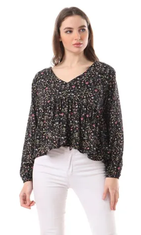 57758 Deep V-Neck Ruffled Floral Blouse - Black 57758 Deep V-Neck Ruffled Floral Blouse - Black