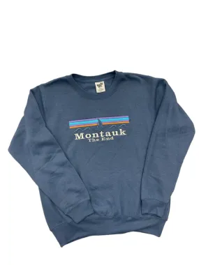 Adult Unisex Crewneck Pullover with Embroidered Montauk The End with Ship in Navy Adult Unisex Crewneck Pullover with Embroidered Montauk The End with Ship in Navy