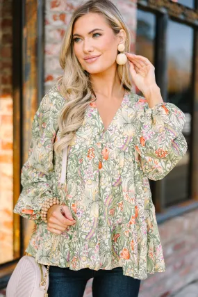 All For Love Olive Green Floral Blouse All For Love Olive Green Floral Blouse