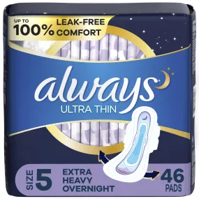 Always Ultra Thin Overnight Pads with Wings, Size 5, Extra Heavy Overnight Absorbency, 46 CT Always Ultra Thin Overnight Pads with Wings, Size 5, Extra Heavy Overnight Absorbency, 46 CT