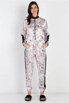 Black Contrast Satin Effect Multi Color Print Zip-up Jacket & Pants Set Black Contrast Satin Effect Multi Color Print Zip-up Jacket & Pants Set