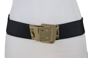 Black Elastic Band Belt High Waist Hip Gold Metal Square Buckle Size S M Black Elastic Band Belt High Waist Hip Gold Metal Square Buckle Size S M