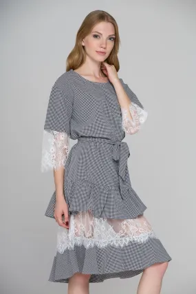 Black Gingham Lace Panel Midi Dress Black Gingham Lace Panel Midi Dress