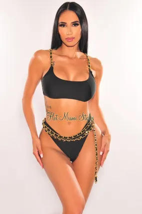 Black Gold Chain Straps Belted Scrunch Butt Bikini Black Gold Chain Straps Belted Scrunch Butt Bikini