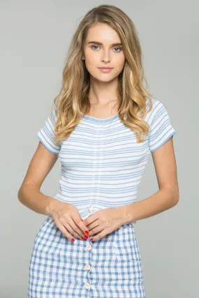 Blue and White Striped Ribbed Cinched Drawstring Off-the-Shoulder Crop Top Blue and White Striped Ribbed Cinched Drawstring Off-the-Shoulder Crop Top