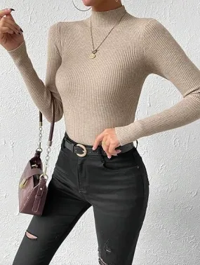 CASUAL RIBBED LONG SLEEVE PULLOVER SLIM FITTED KNIT TOP CASUAL RIBBED LONG SLEEVE PULLOVER SLIM FITTED KNIT TOP