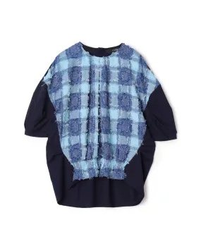 Check Fringe Bubble Sleeve Top Check Fringe Bubble Sleeve Top