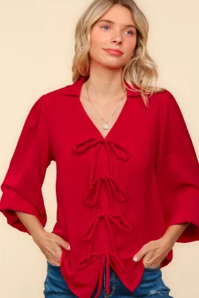 COLLARED NOTCH NECK RIBBON BOW WOVEN TOP COLLARED NOTCH NECK RIBBON BOW WOVEN TOP