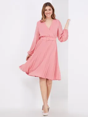 Crossover Belted Midi Dress With Pleated Skirt Crossover Belted Midi Dress With Pleated Skirt