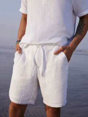 Elasticated Waist with Drawstring Cotton White Shorts - Zenway Elasticated Waist with Drawstring Cotton White Shorts - Zenway