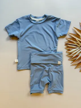 Fold Over Shorties and Short Sleeve Tee Set | Dusty Blue | Luxury Bamboo Fold Over Shorties and Short Sleeve Tee Set | Dusty Blue | Luxury Bamboo