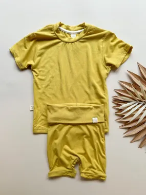 Fold Over Shorties and Short Sleeve Tee Set | Marigold | Luxury Bamboo Fold Over Shorties and Short Sleeve Tee Set | Marigold | Luxury Bamboo
