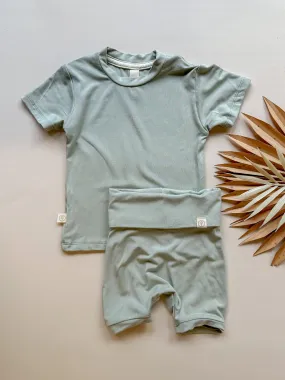 Fold Over Shorties and Short Sleeve Tee Set | Sage | Luxury Bamboo Fold Over Shorties and Short Sleeve Tee Set | Sage | Luxury Bamboo