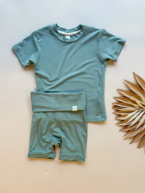 Fold Over Shorties and Short Sleeve Tee Set | Seafoam | Luxury Bamboo Fold Over Shorties and Short Sleeve Tee Set | Seafoam | Luxury Bamboo