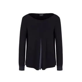 Front Pleat Contrast Black Satin Blouse Front Pleat Contrast Black Satin Blouse