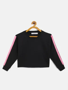 Girls Black Terry Shoulder Tape Crop Sweatshirt Girls Black Terry Shoulder Tape Crop Sweatshirt