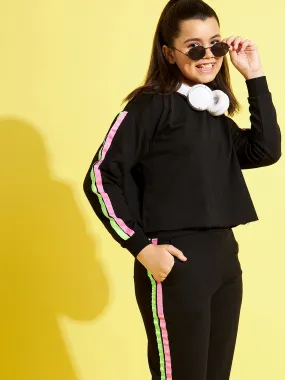 Girls Black Terry Shoulder Tape Crop Sweatshirt Girls Black Terry Shoulder Tape Crop Sweatshirt