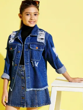 Girls Navy Raw Hem Distressed Denim Jacket Girls Navy Raw Hem Distressed Denim Jacket