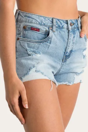 Jessie Womens Mid Rise Ripped Denim Short - Vintage Light Blue Jessie Womens Mid Rise Ripped Denim Short - Vintage Light Blue