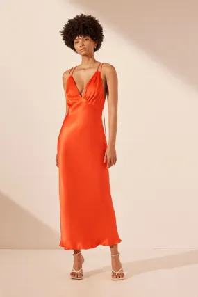MIA CONTRAST PLUNGED DOUBLE STRAP MIDI DRESS - RED ORANGE / HIBISCUS MIA CONTRAST PLUNGED DOUBLE STRAP MIDI DRESS - RED ORANGE / HIBISCUS