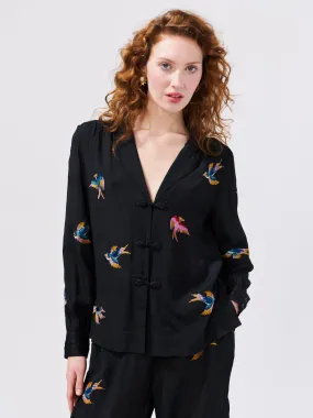 Midnight Charming Birds Embroidered Crepe Pyjama Blouse Midnight Charming Birds Embroidered Crepe Pyjama Blouse