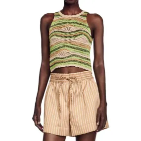 Multicolored Wavy Striped Scalloped Trim Crew Neck Crochet Open Knit Crop Tank Top Multicolored Wavy Striped Scalloped Trim Crew Neck Crochet Open Knit Crop Tank Top