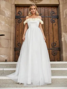 Off Shoulder Satin Bodice Contrast Organza Hem Wedding Dress Off Shoulder Satin Bodice Contrast Organza Hem Wedding Dress