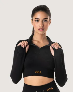 RIBBED STATEMENT ZIP-UP LONG SLEEVE- BLACK RIBBED STATEMENT ZIP-UP LONG SLEEVE- BLACK