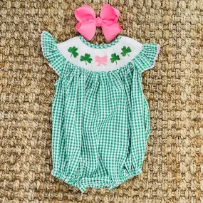 Shamrock Smocked Romper in Gingham - St. Patrick's Day Shamrock Smocked Romper in Gingham - St. Patrick's Day