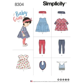 Simplicity Pattern 8304 Babies', Leggings, Top, Dress, Bibs and Headband in three sizes S(17") M(18") L(19") Simplicity Pattern 8304 Babies', Leggings, Top, Dress, Bibs and Headband in three sizes S(17") M(18") L(19")