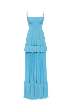 Sky-blue spaghetti strap pleated maxi dress, Garden of Eden Sky-blue spaghetti strap pleated maxi dress, Garden of Eden