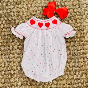 Valentine Smocked Romper - Red Hearts on Red Polka Dot Valentine Smocked Romper - Red Hearts on Red Polka Dot