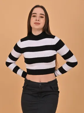 Women Black & White Striped Cropped Sweater Women Black & White Striped Cropped Sweater